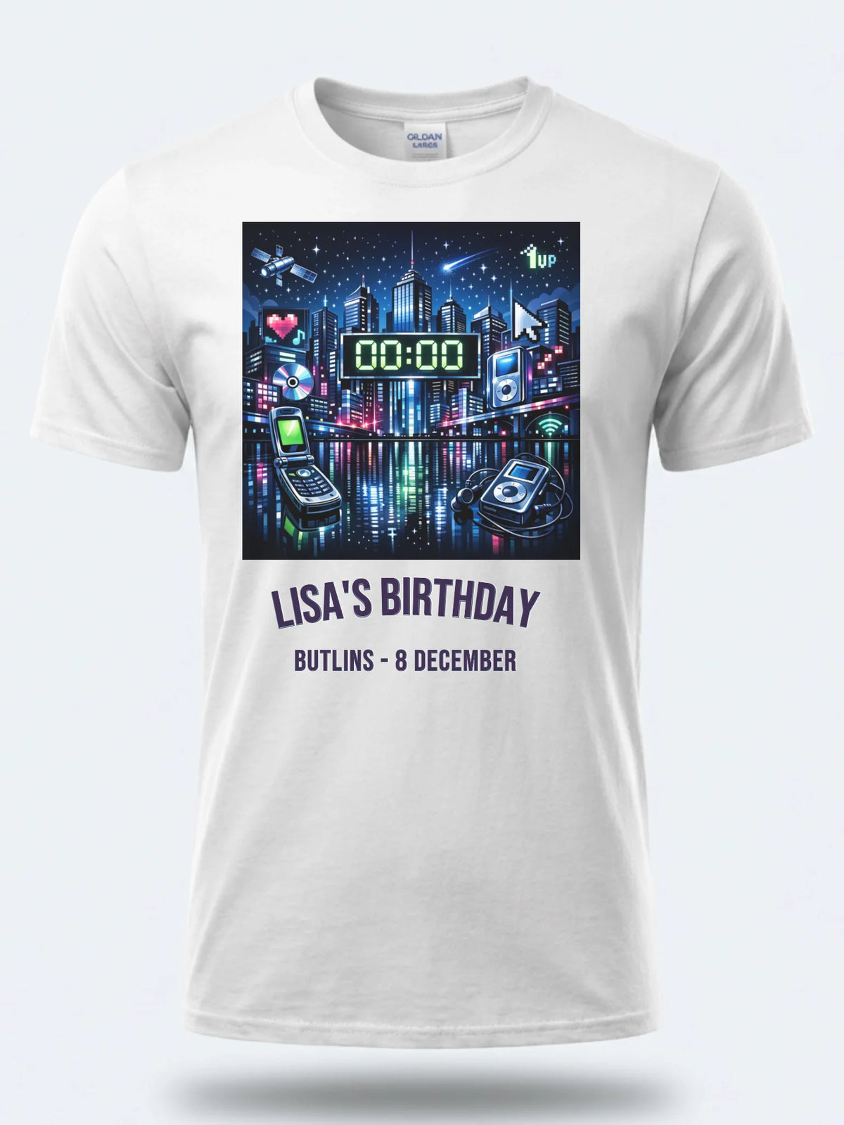 Personalised Back to 2000s Big Weekender Tee — white tee, front view