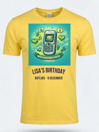 Personalised Back to 2000s Big Weekender Tee — daisy yellow tee, front view