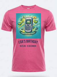 Personalised Back to 2000s Big Weekender Tee — pink tee, front view