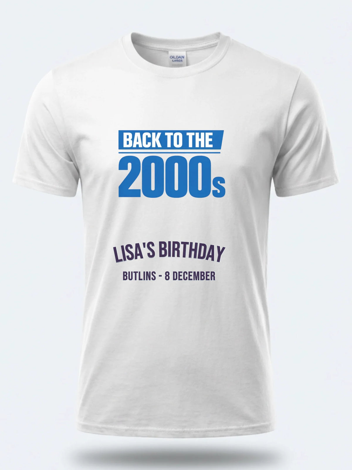 Personalised Back to 2000s Big Weekender Tee — white tee, front view