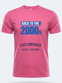 Personalised Back to 2000s Big Weekender Tee — pink tee, front view