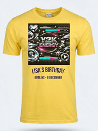 Personalised Back to 2000s Big Weekender Tee — daisy yellow tee, front view