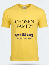 Personalised Don't Tell Mama Big Weekender Tee — daisy yellow tee, front view