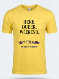 Personalised Don't Tell Mama Big Weekender Tee — daisy yellow tee, front view