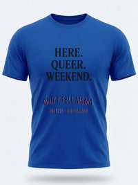 Personalised Don't Tell Mama Big Weekender Tee — royal blue tee, front view