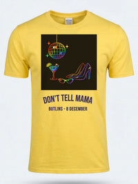 Personalised Don't Tell Mama Big Weekender Tee — daisy yellow tee, front view