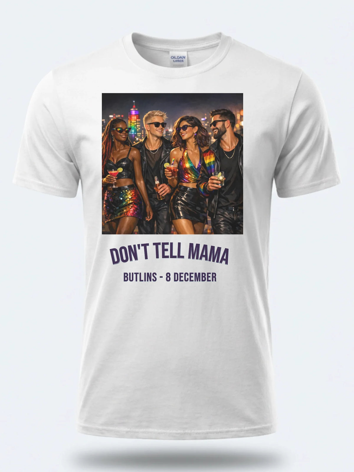 Personalised Don't Tell Mama Big Weekender Tee — white tee, front view