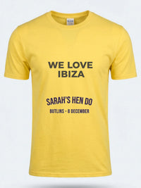 Personalised We Love Ibiza Big Weekender Tee — daisy yellow tee, front view