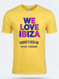 Personalised We Love Ibiza Big Weekender Tee — daisy yellow tee, front view