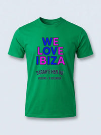Personalised We Love Ibiza Big Weekender Tee — irish green tee, front view