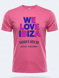Personalised We Love Ibiza Big Weekender Tee — pink tee, front view