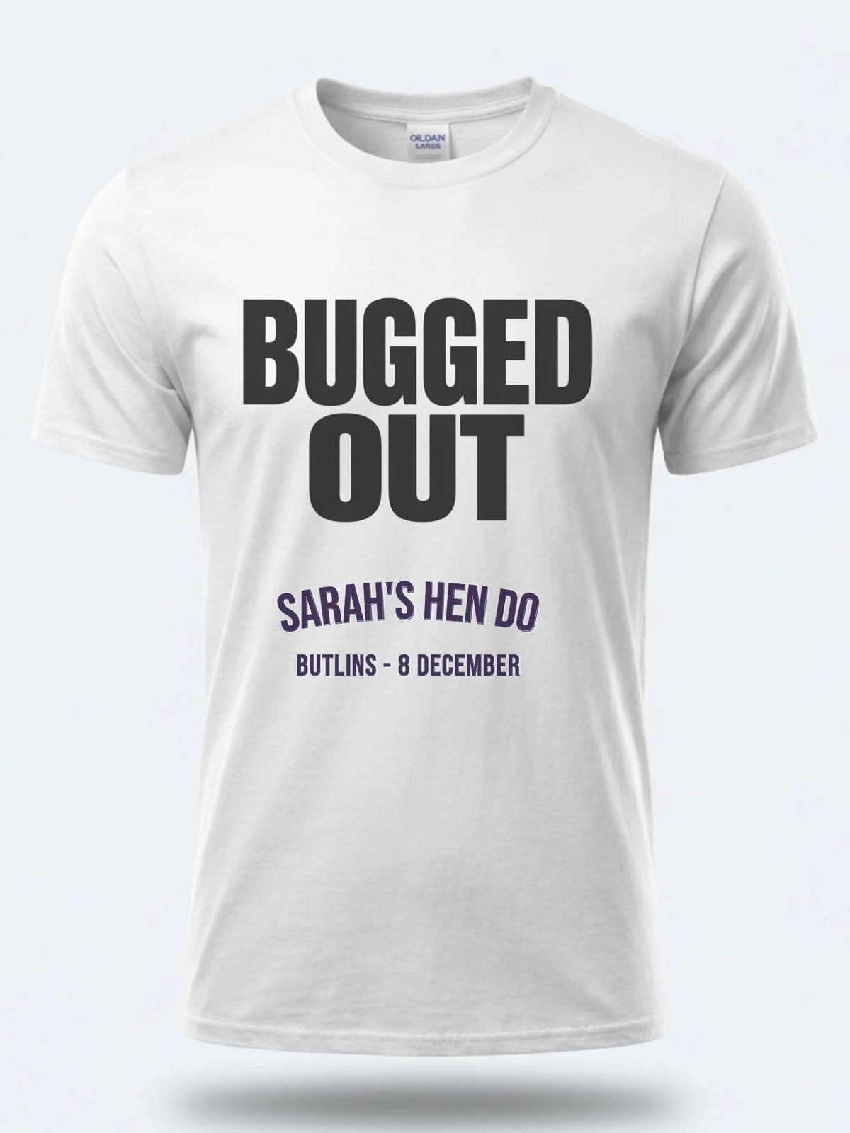 Personalised Bugged Out Big Weekender Tee — white tee, front view