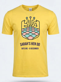 Personalised Bugged Out Big Weekender Tee — daisy yellow tee, front view