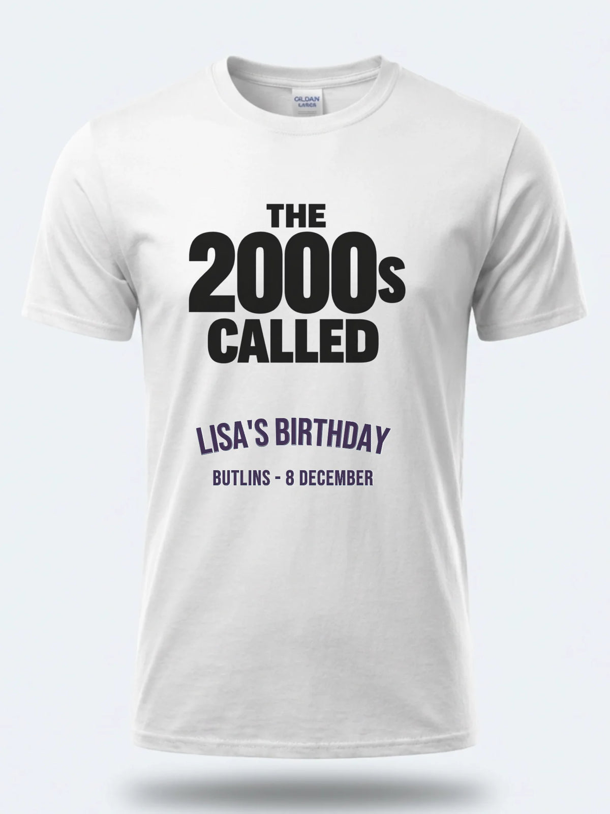Personalised Back to 2000s Big Weekender Tee — white tee, front view