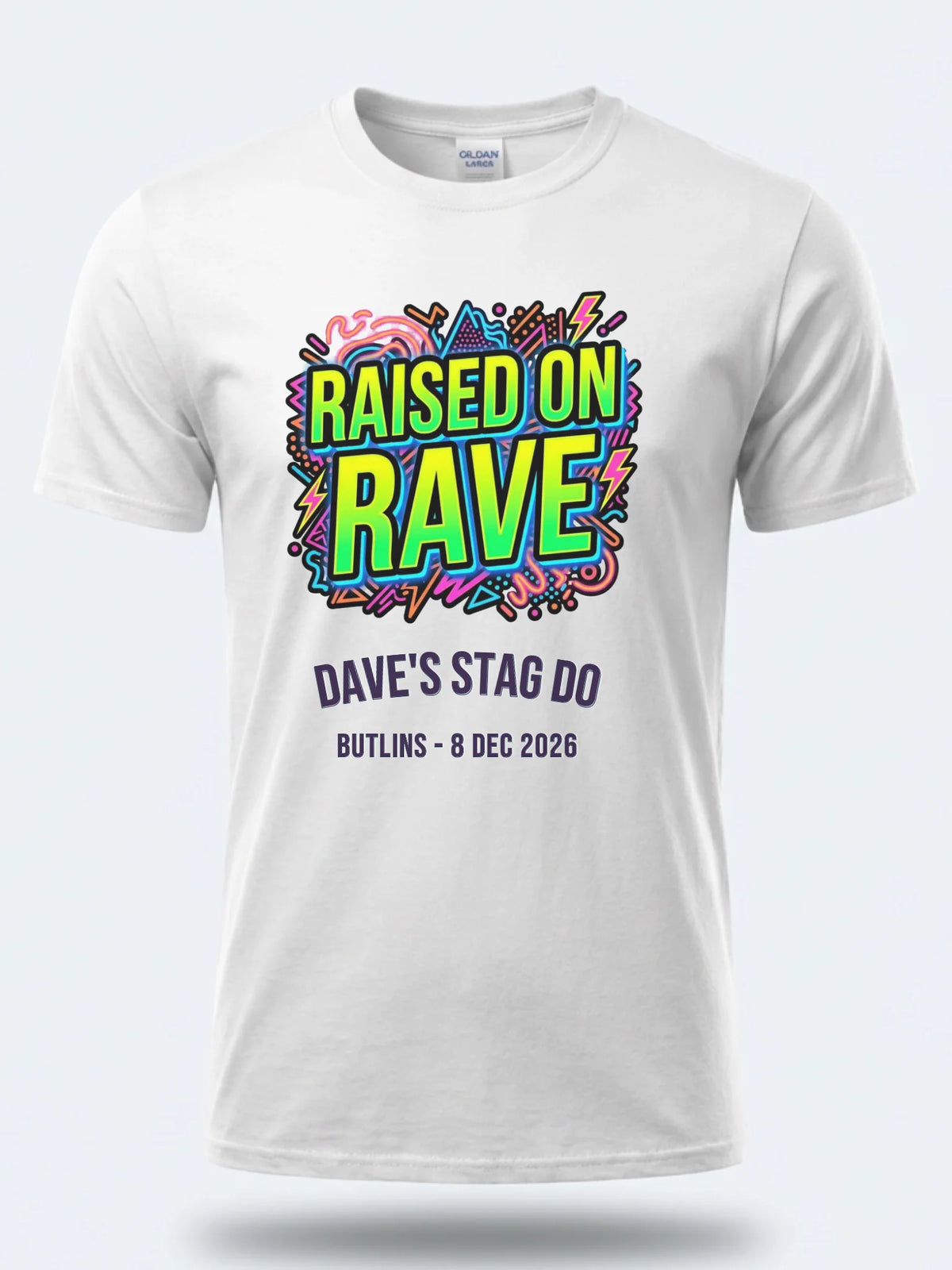 Personalised 90s Reloaded Big Weekender Tee — white tee, front view