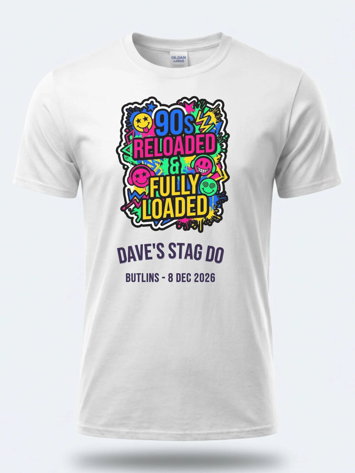 Personalised 90s Reloaded Big Weekender Tee — white tee, front view