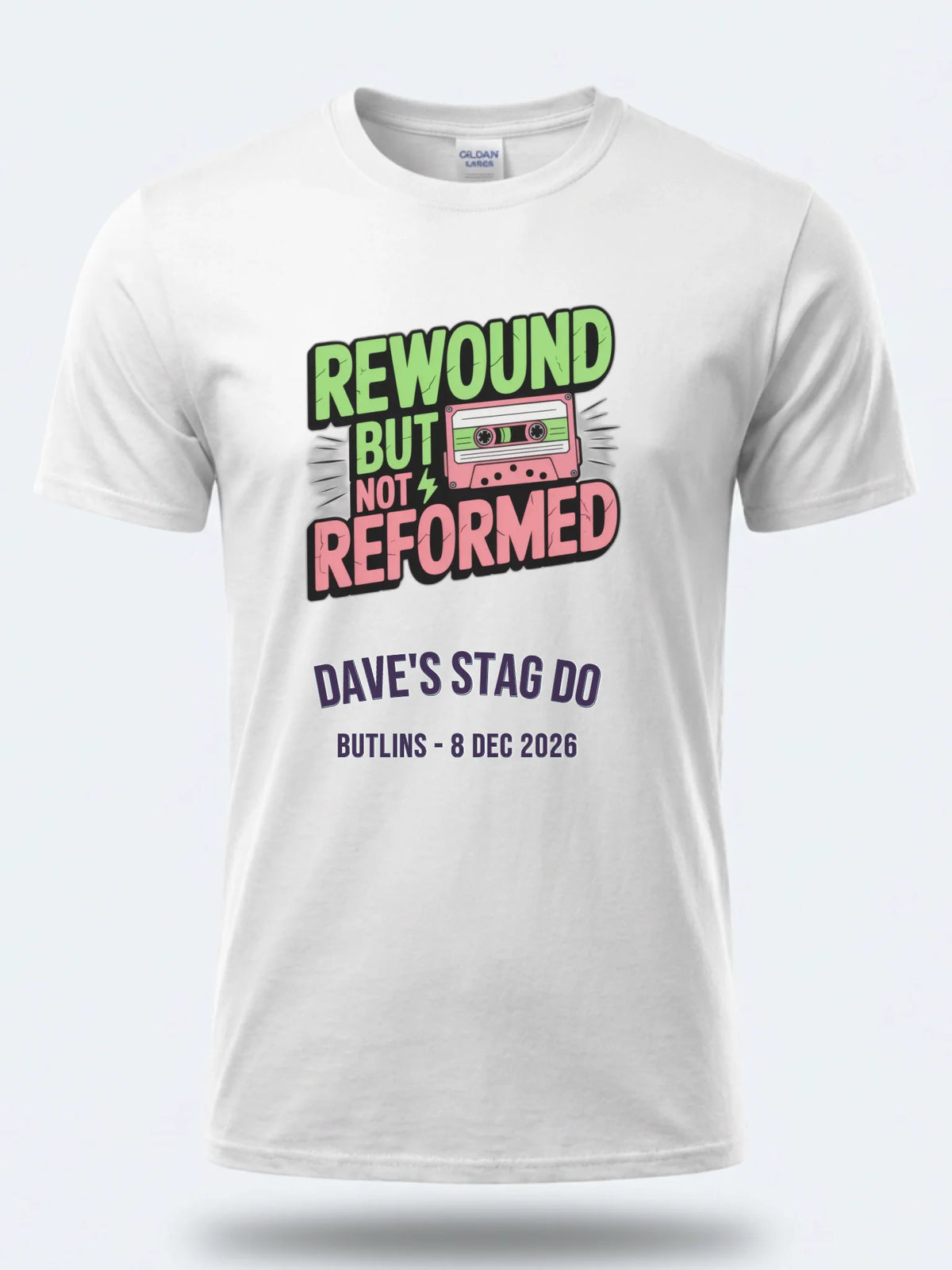 Personalised 90s Reloaded Big Weekender Tee — white tee, front view