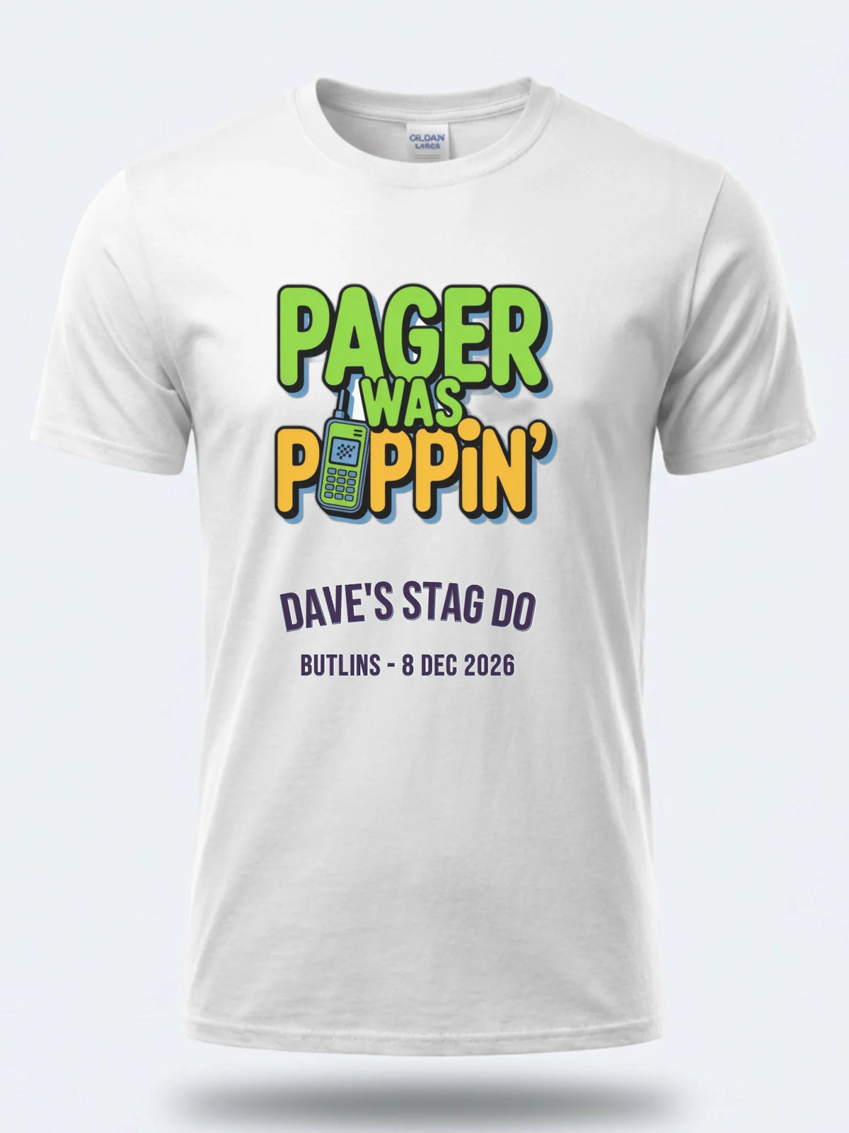 Personalised 90s Reloaded Big Weekender Tee — white tee, front view