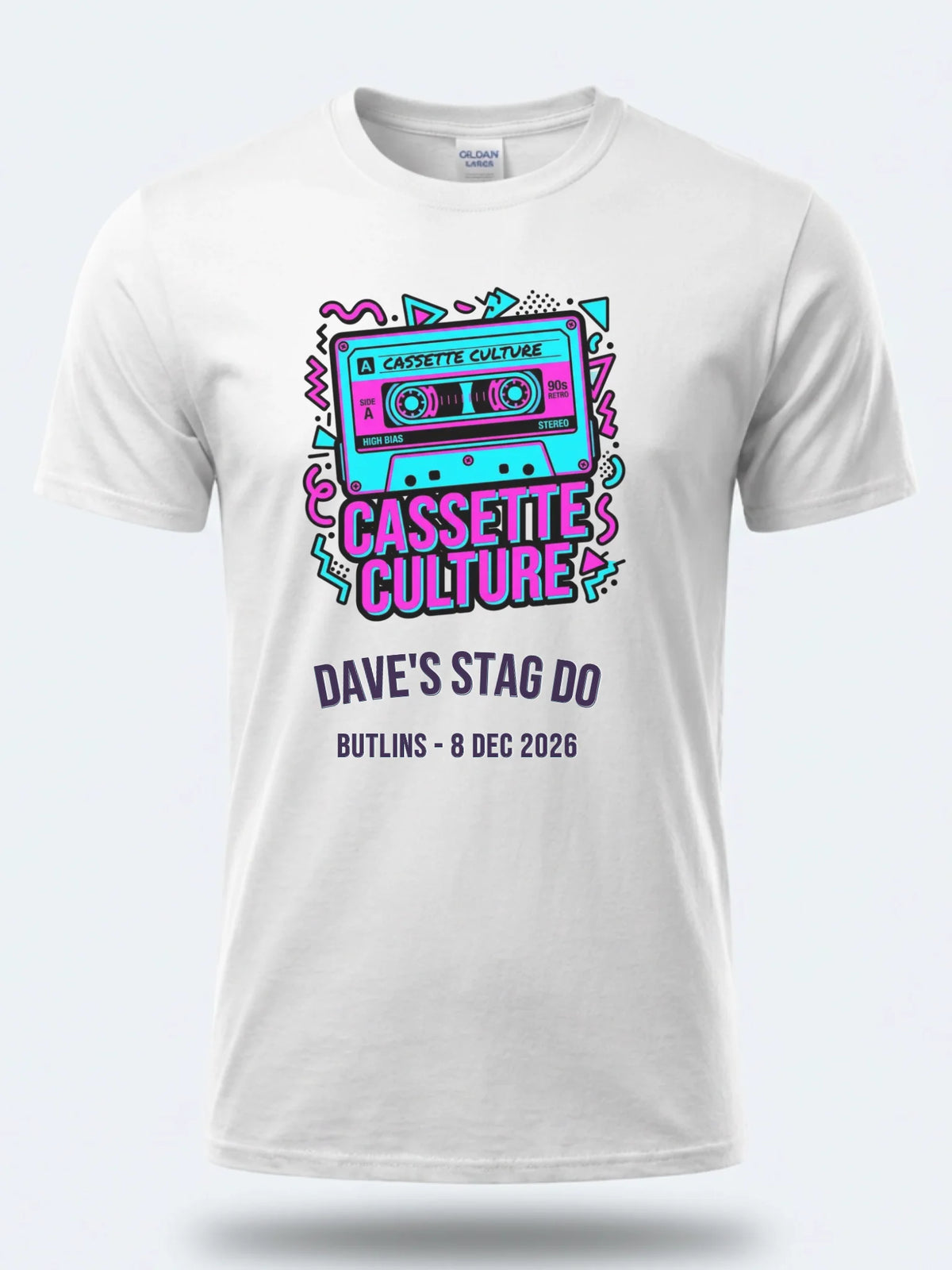Personalised 90s Reloaded Big Weekender Tee — white tee, front view