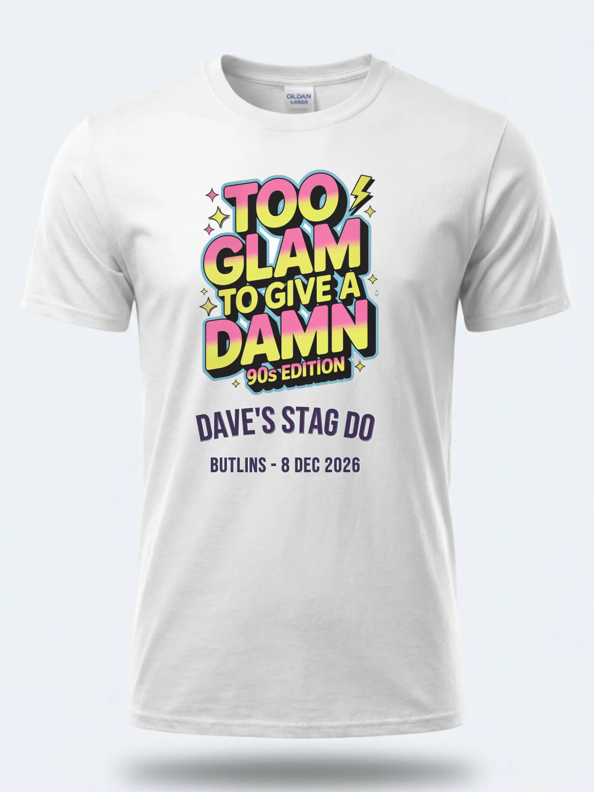Personalised 90s Reloaded Big Weekender Tee — white tee, front view