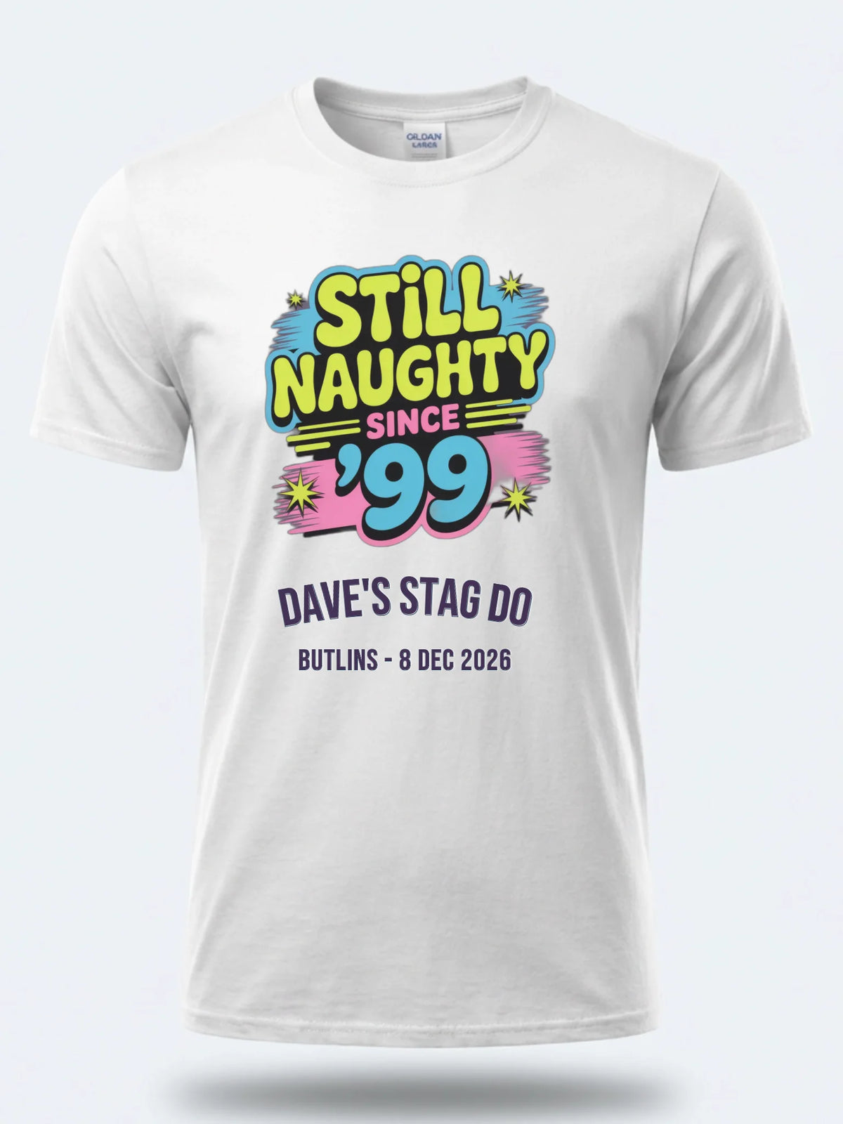 Personalised 90s Reloaded Big Weekender Tee — white tee, front view