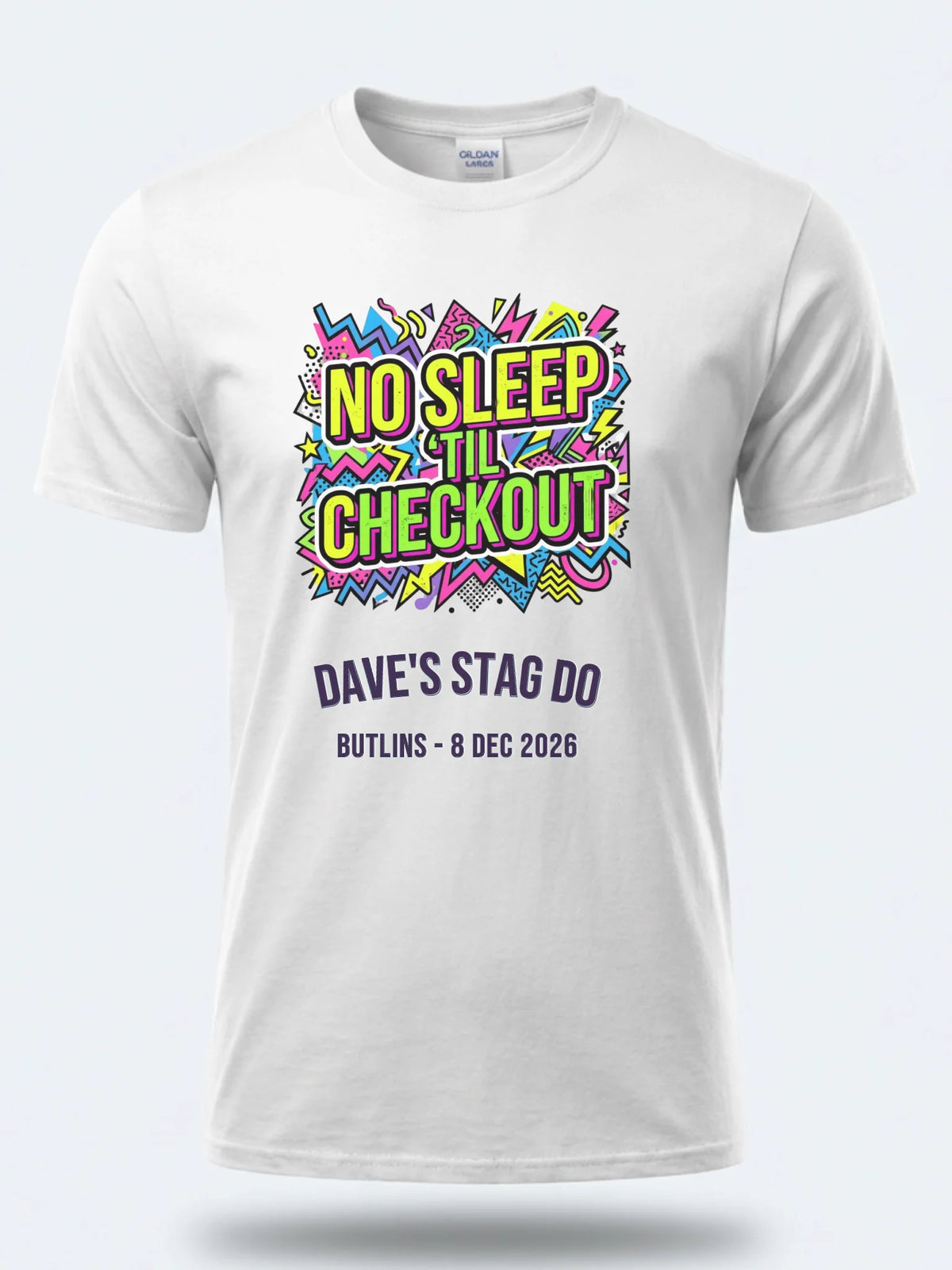 Personalised 90s Reloaded Big Weekender Tee | No Sleep Til Checkout Event Shirt Dress Loud