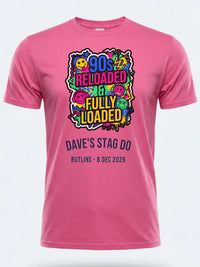 Personalised 90s Reloaded Big Weekender Tee — pink tee, front view