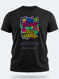 Personalised 90s Reloaded Big Weekender Tee — black tee, front view