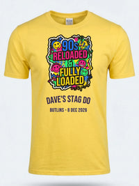 Personalised 90s Reloaded Big Weekender Tee — daisy yellow tee, front view