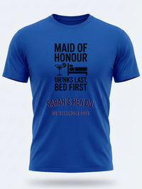 Personalised Weekender Unisex Tee | Maid of Honour Drinks Last Bed First | Hen Shirt Dress Loud