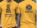Personalised Bugged Out Big Weekender Tee — yellow tee, front and back view