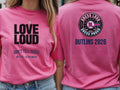 Personalised Don't Tell Mama Big Weekender Tee — azalea tee, front and back view