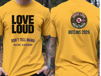 Personalised Don't Tell Mama Big Weekender Tee — yellow tee, front and back view