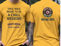 Personalised Bugged Out Big Weekender Tee — yellow tee, front and back view