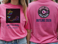 Personalised Don't Tell Mama Big Weekender Tee — azalea tee, front and back view