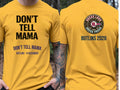 Personalised Don't Tell Mama Big Weekender Tee — yellow tee, front and back view