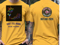 Personalised Don't Tell Mama Big Weekender Tee — yellow tee, front and back view
