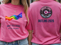 Personalised Don't Tell Mama Big Weekender Tee — azalea tee, front and back view