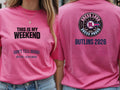 Personalised Don't Tell Mama Big Weekender Tee — azalea tee, front and back view