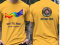 Personalised Don't Tell Mama Big Weekender Tee — yellow tee, front and back view