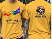 Personalised Don't Tell Mama Big Weekender Tee — yellow tee, front and back view