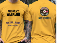 Personalised Don't Tell Mama Big Weekender Tee — yellow tee, front and back view