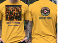 Personalised Don't Tell Mama Big Weekender Tee — yellow tee, front and back view