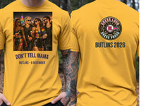Personalised Don't Tell Mama Big Weekender Tee — yellow tee, front and back view
