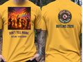 Personalised Don't Tell Mama Big Weekender Tee — yellow tee, front and back view