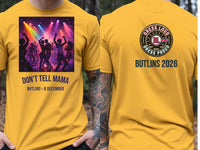 Personalised Don't Tell Mama Big Weekender Tee — yellow tee, front and back view