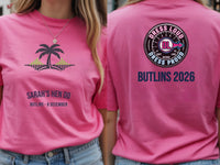 Personalised We Love Ibiza Big Weekender Tee — azalea tee, front and back view
