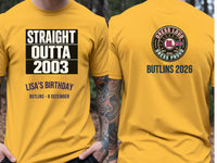 Personalised Back to 2000s Big Weekender Tee — yellow tee, front and back view