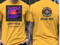 Personalised We Love Ibiza Big Weekender Tee — yellow tee, front and back view