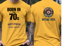 Personalised We Love the 70s Big Weekender Tee — yellow tee, front and back view